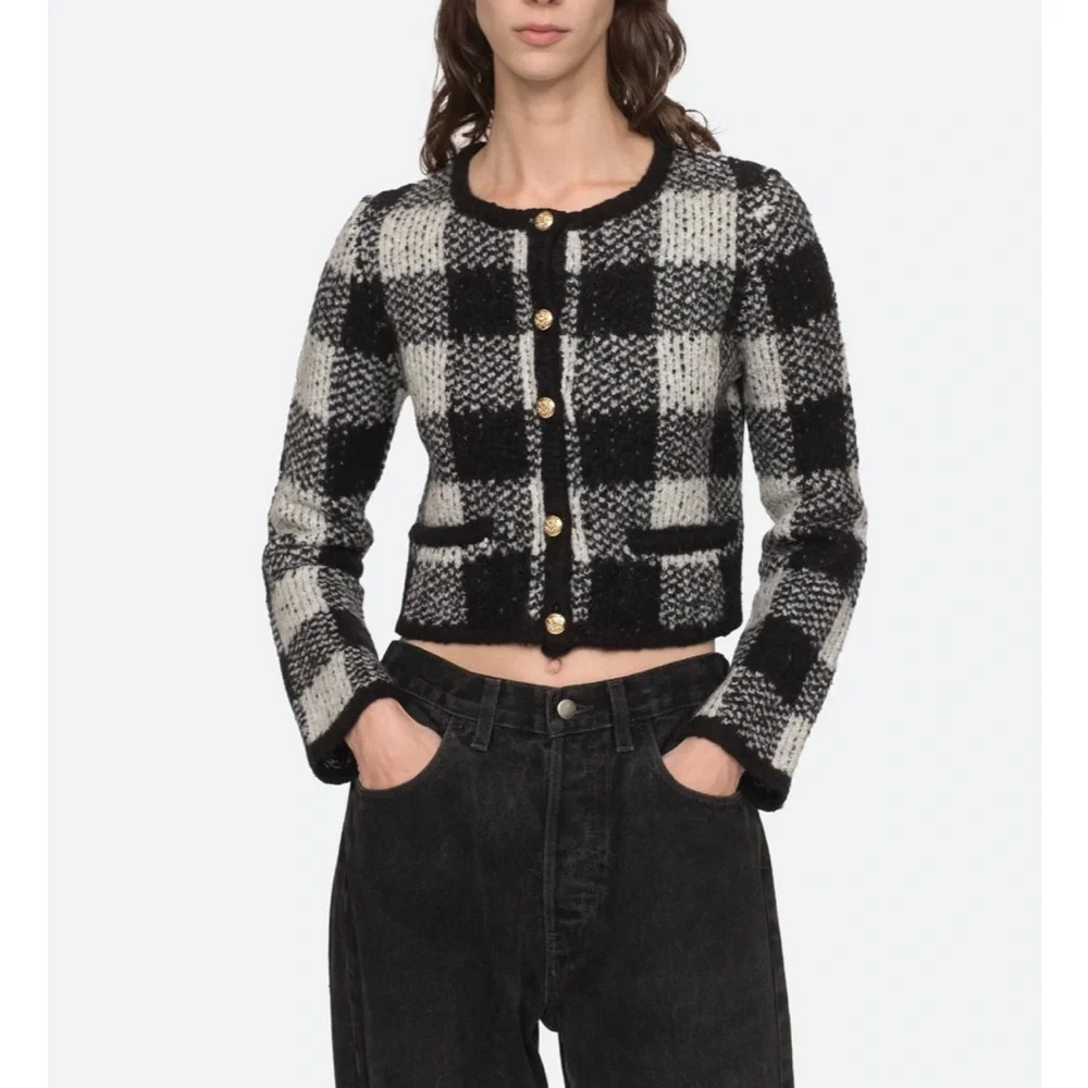 Sea New York Chiyo Check Cropped Cardigan, Medium - Picture 3 of 11